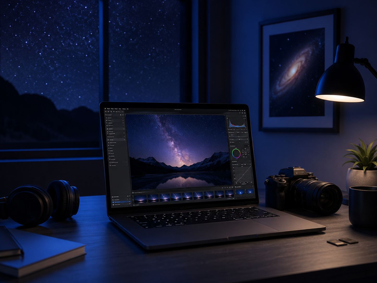 Editing a Milky Way astrophotography photo on a laptop