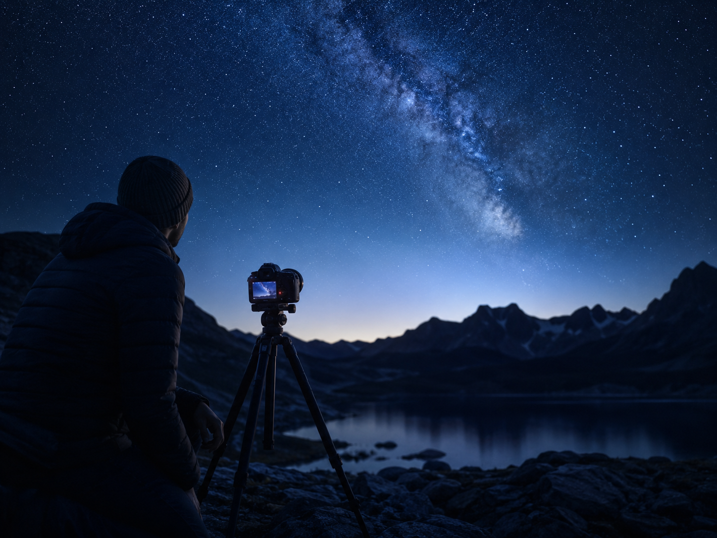 Beginner setting up a camera on a tripod under the stars at night