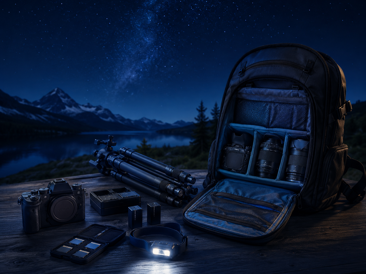 Packing a camera, lens and tripod into a backpack for astrophotography