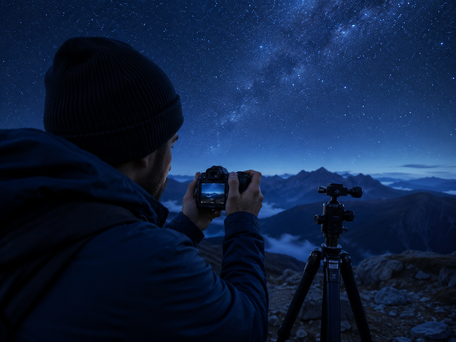 Photographer checking the camera screen after a night sky shot